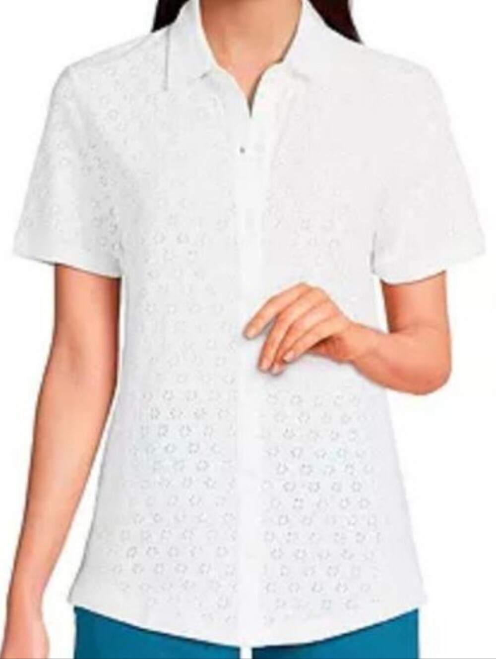 Lands' End Women 3x White Knit Short Sleeve Eyelet Lace Button Front Top